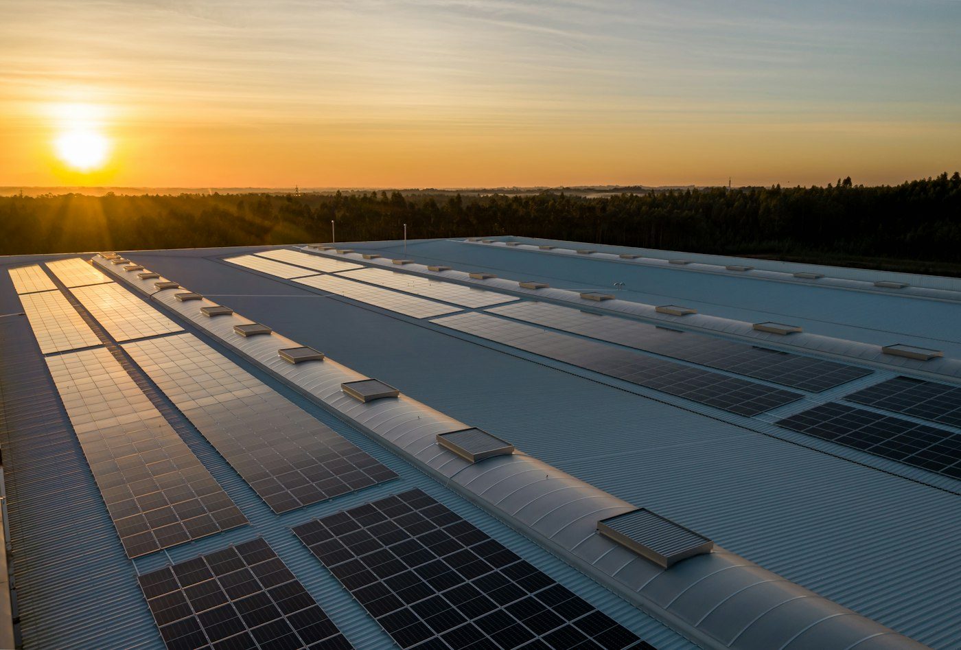 Solar panels laid across a large rooftop at sunrise